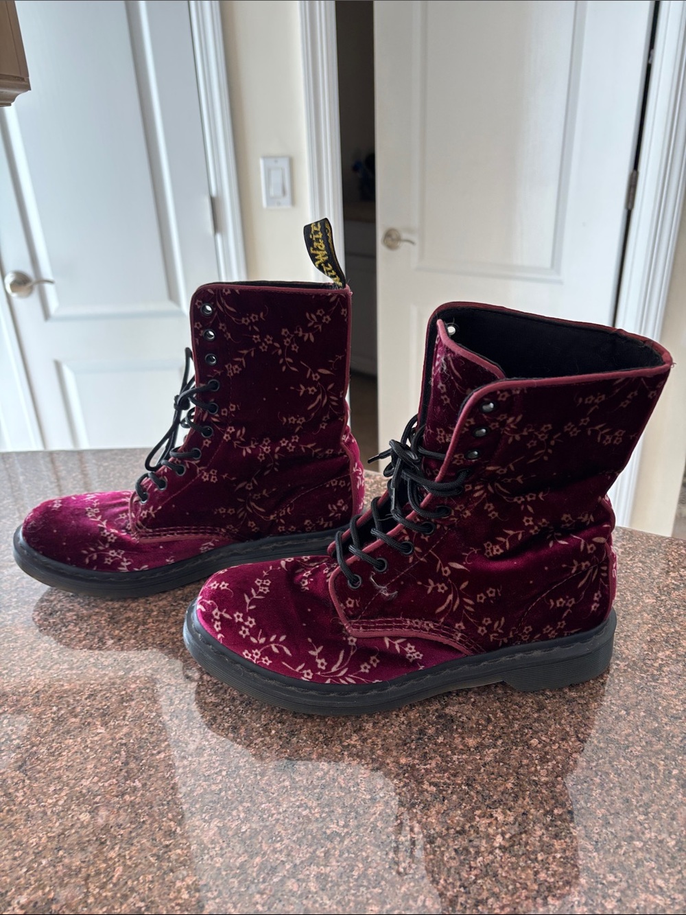 Dr. Martens Ladies Burgundy Velvet Avery Floral Lace-Up Combat Boots-10